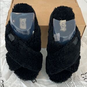 UGG Black Fuzz Sugar Cross Slide SZ 7.